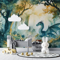 Dragon mural wallpaper in modern kids bedroom showing magical forest scene with soft lighting