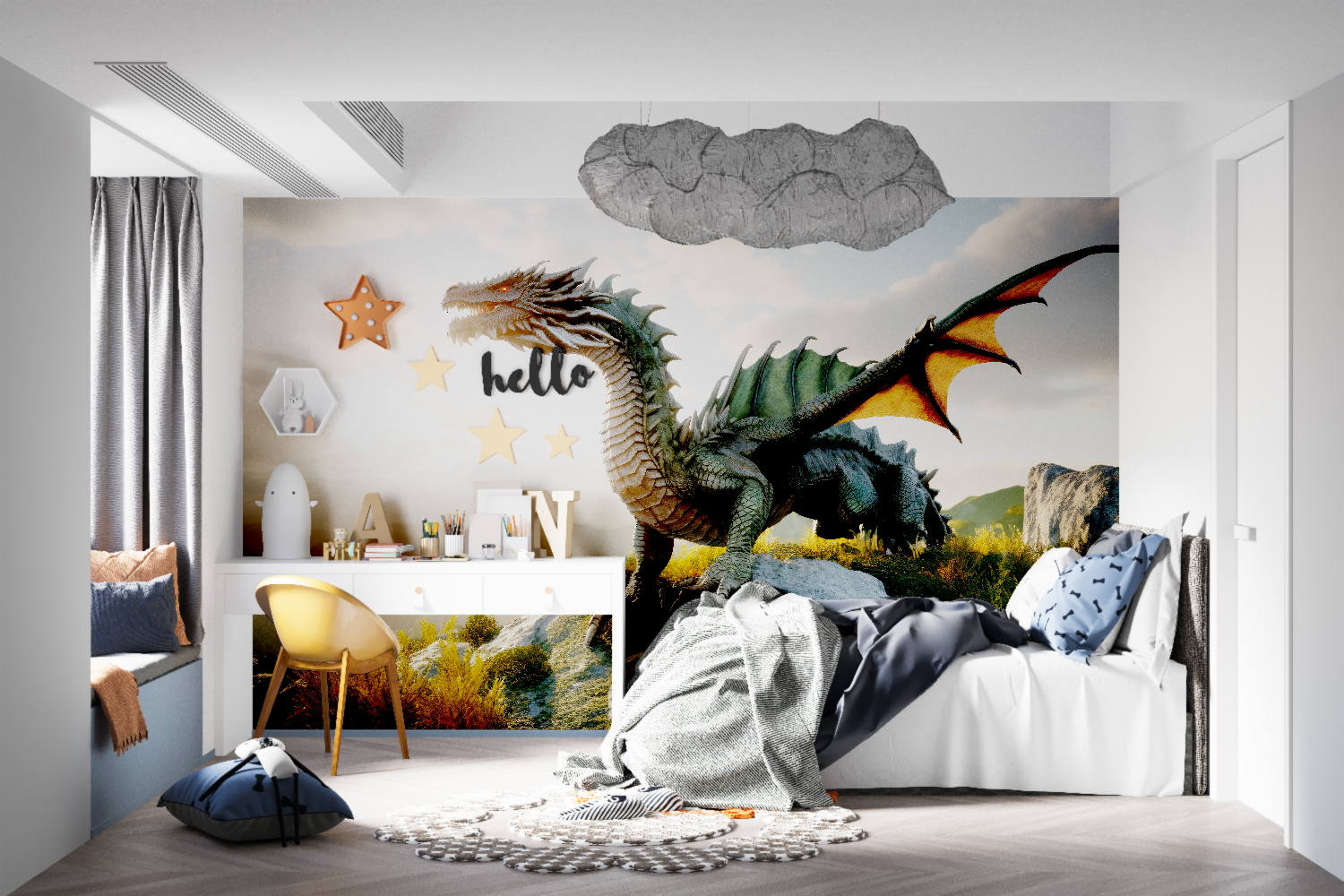 Dragon wall mural transforming modern home office with fantasy theme