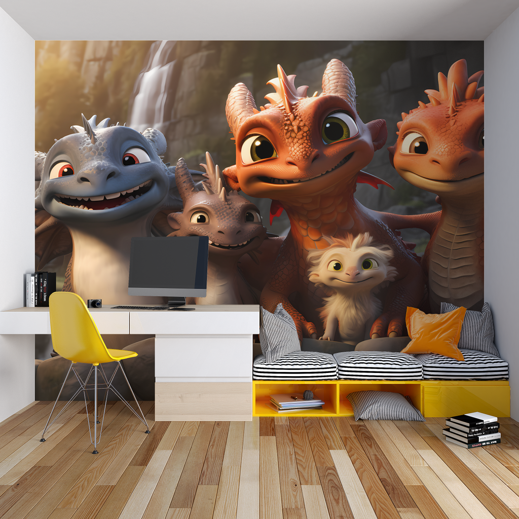 Dragon wallpaper mural in bright kids bedroom showing friendly characters, perfect for storytelling corner