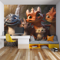 Dragon wallpaper mural in bright kids bedroom showing friendly characters, perfect for storytelling corner