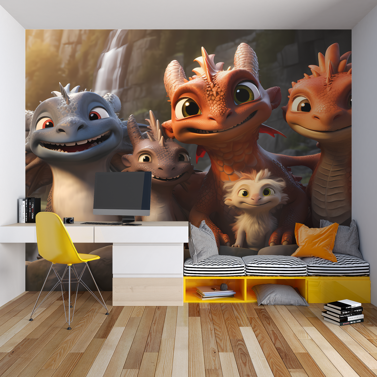 Dragon wallpaper mural in bright kids bedroom showing friendly characters, perfect for storytelling corner