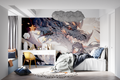 Dragon anime wallpaper creating a bold statement in a modern gaming room with RGB setup