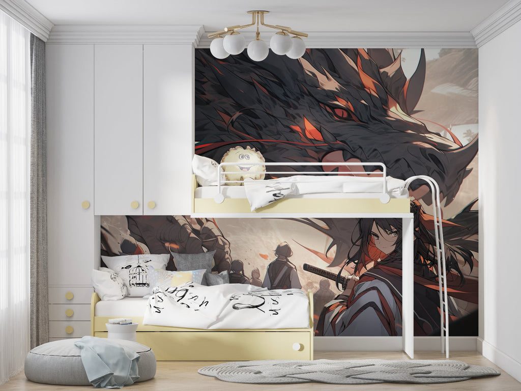 Mystical dragon wallpaper installation in a stylish home office space