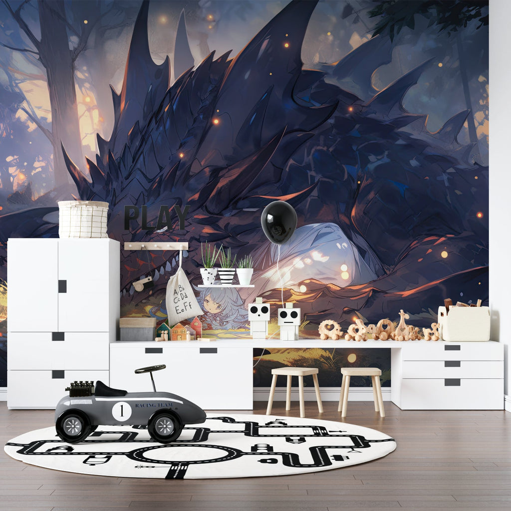 Anime dragon mural in teen bedroom creating magical atmosphere