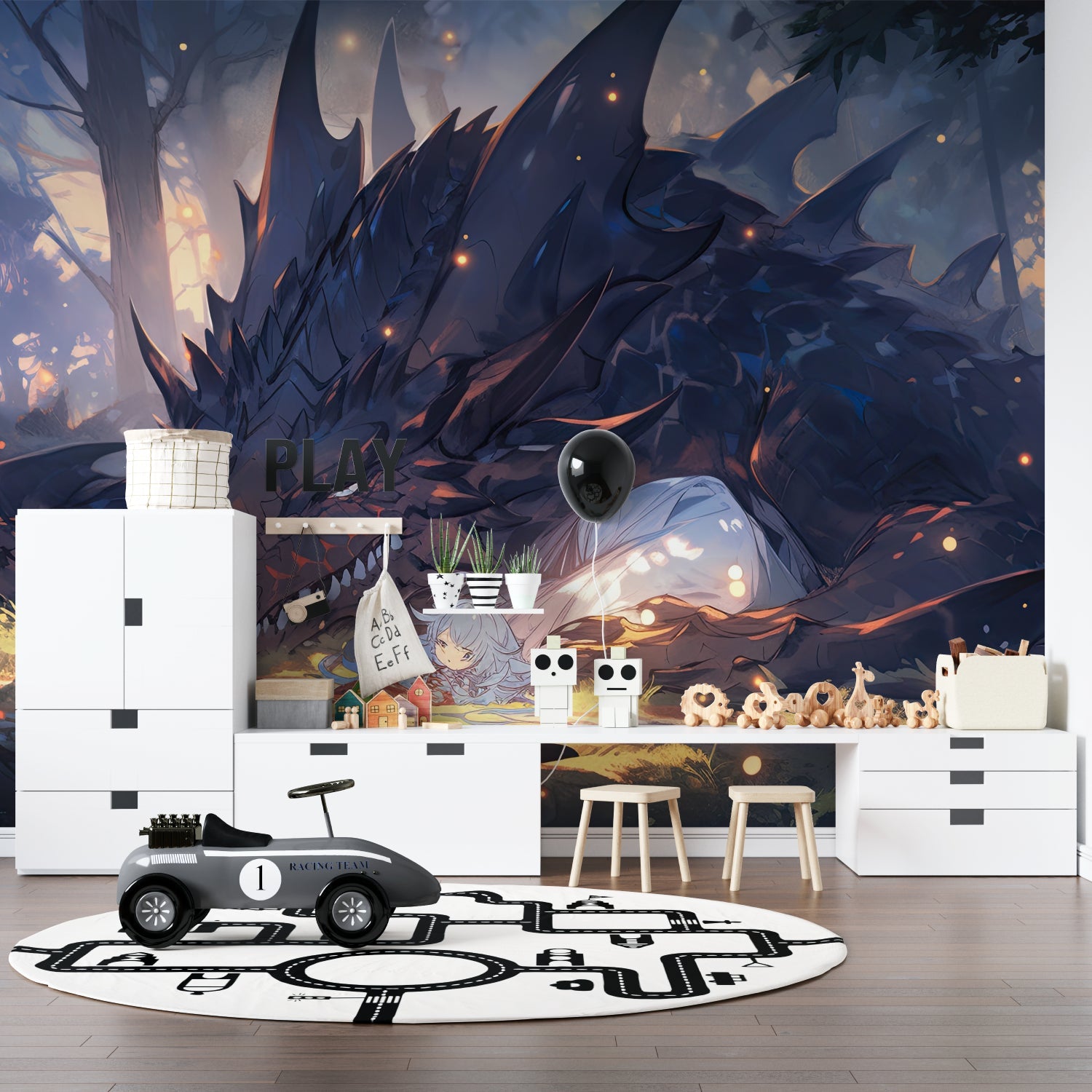Anime dragon mural in teen bedroom creating magical atmosphere