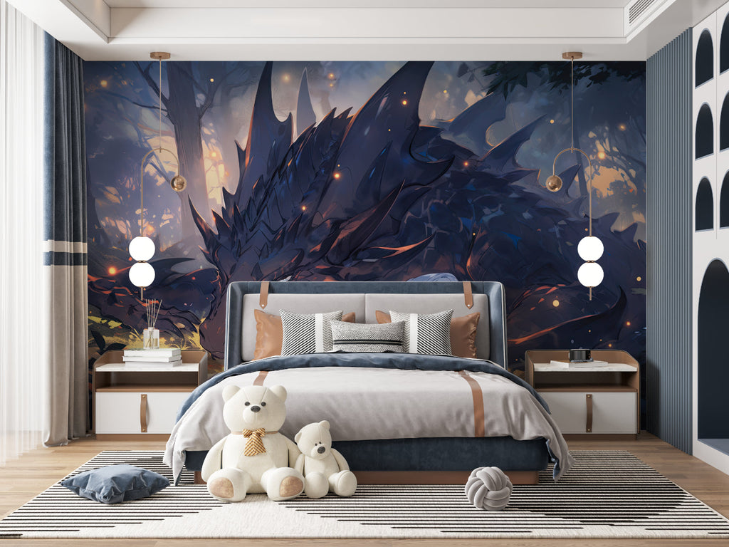 Dragon wall mural in kids playroom with fantasy theme decor