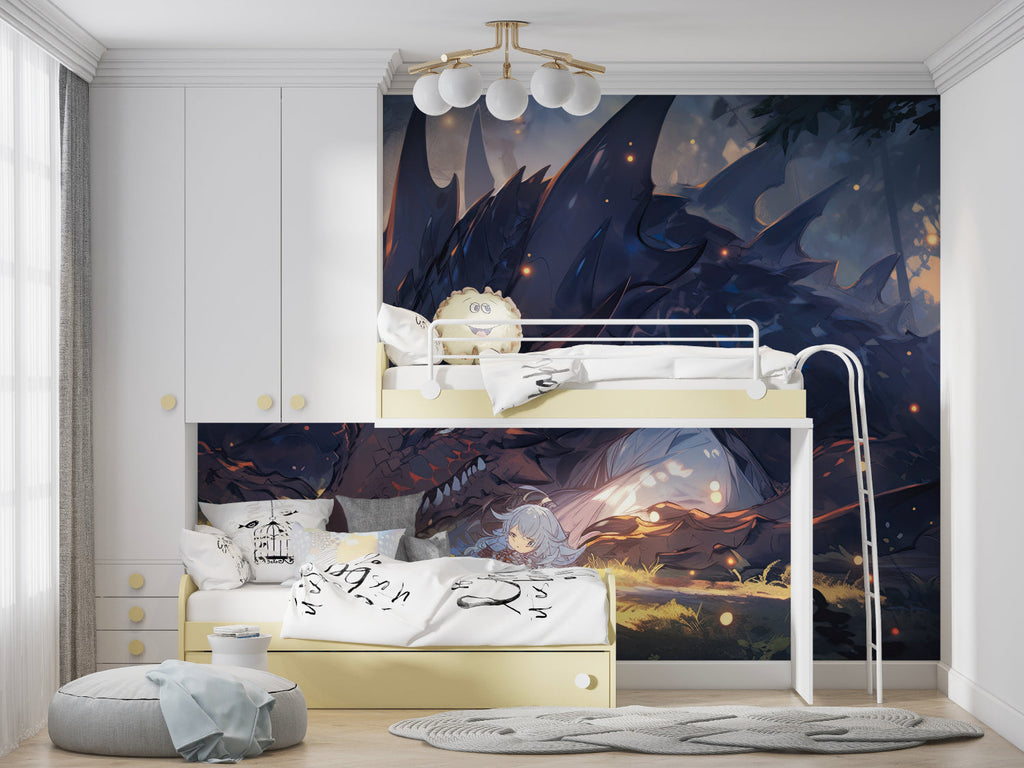 Fantasy dragon wallpaper in study room showing scale and detail