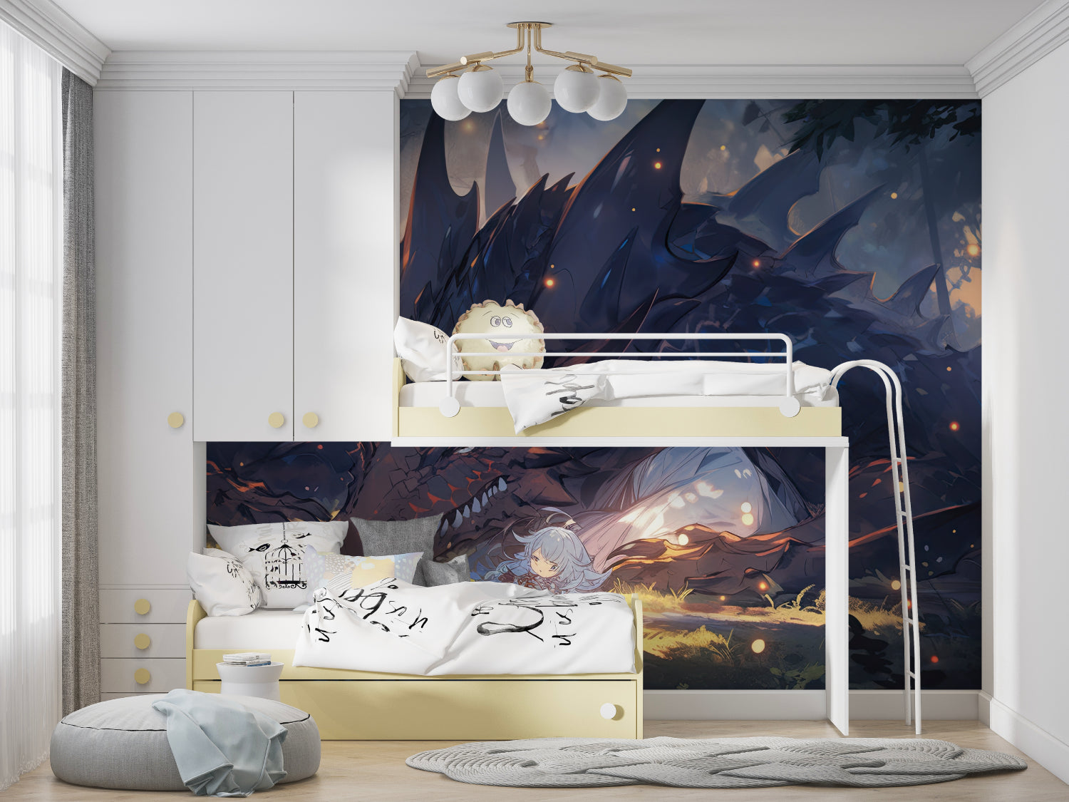 Fantasy dragon wallpaper in study room showing scale and detail