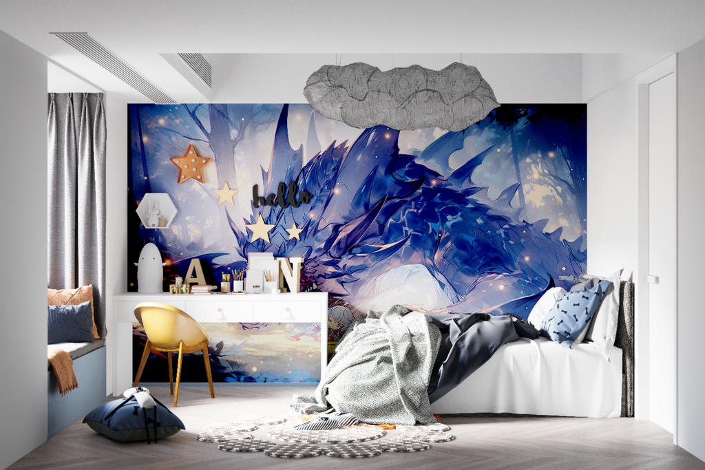 Mystical dragon mural in family room with evening lighting
