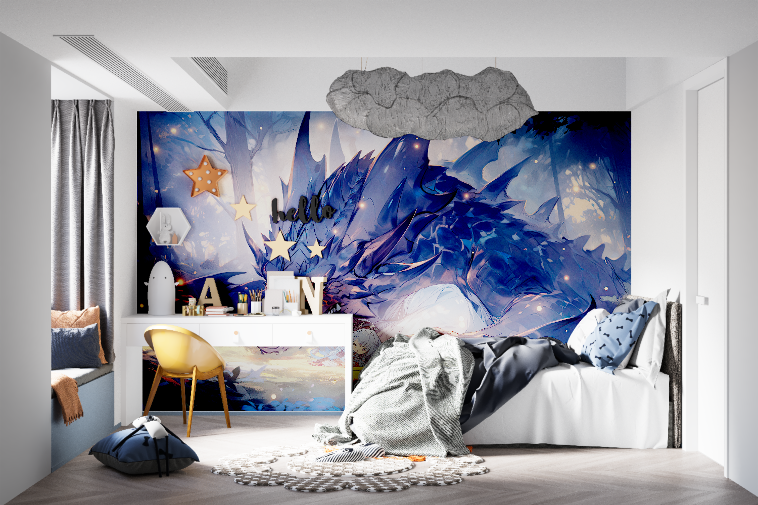 Mystical dragon mural in family room with evening lighting