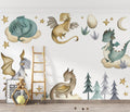 Dragon wallpaper mural showcased in a bright nursery with white furniture and soft textiles