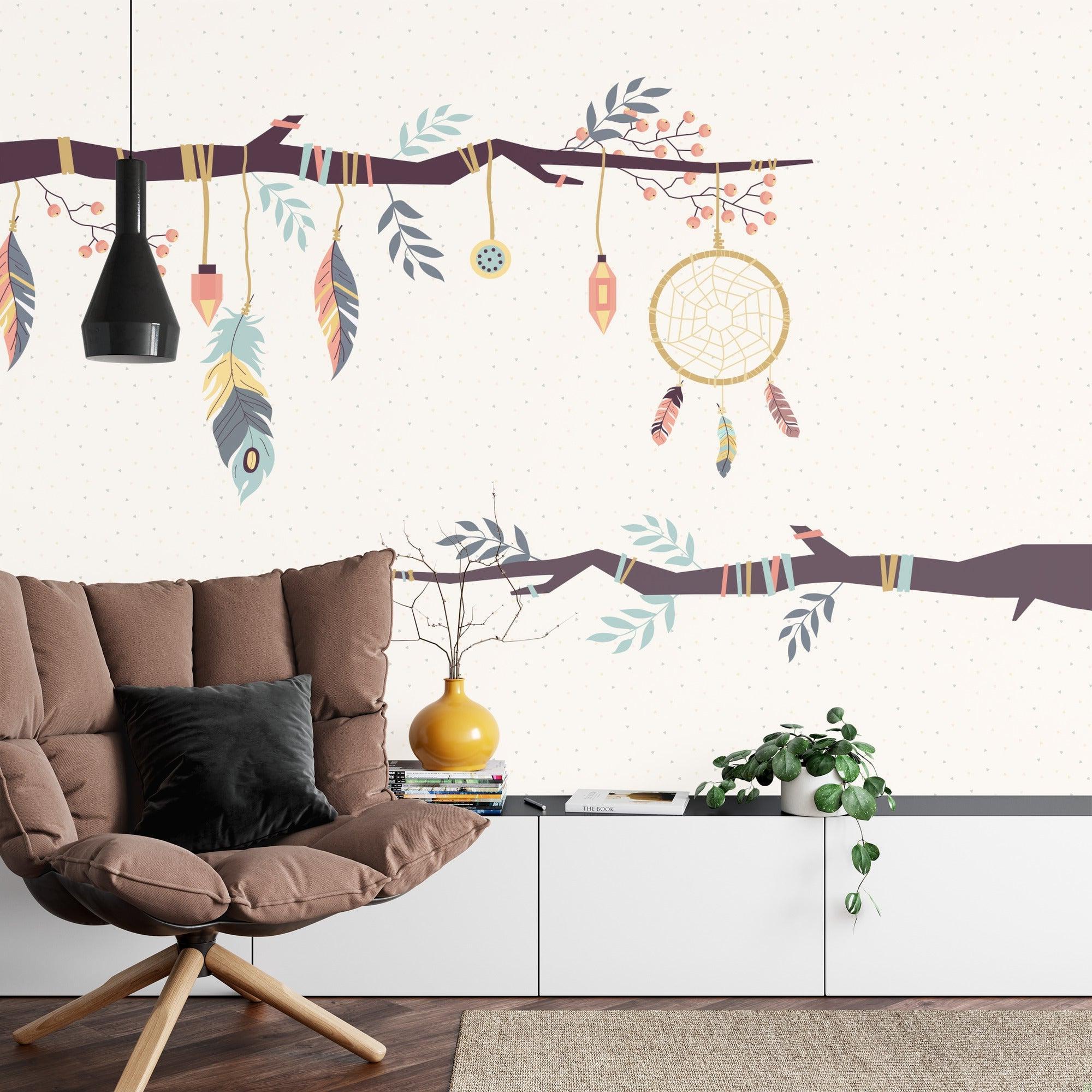 Dreamcatcher wall mural creating a peaceful atmosphere in a modern bedroom with soft natural lighting