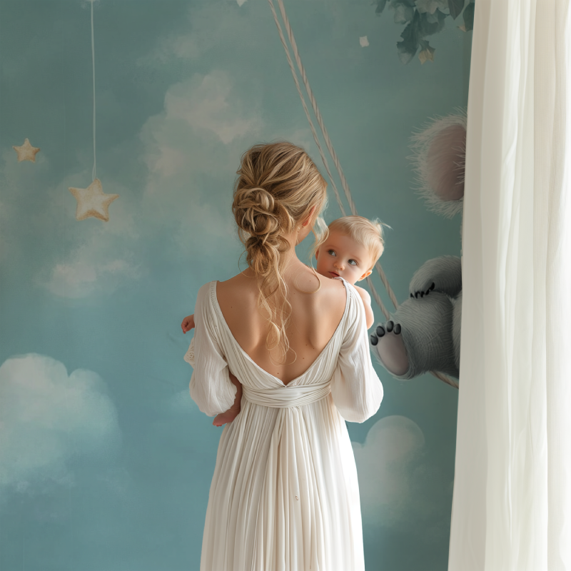 Nursery wall mural featuring swinging koala in a minimalist playroom