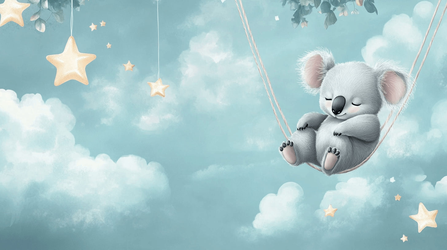 Design file showing detailed koala pattern with twinkling stars on turquoise background