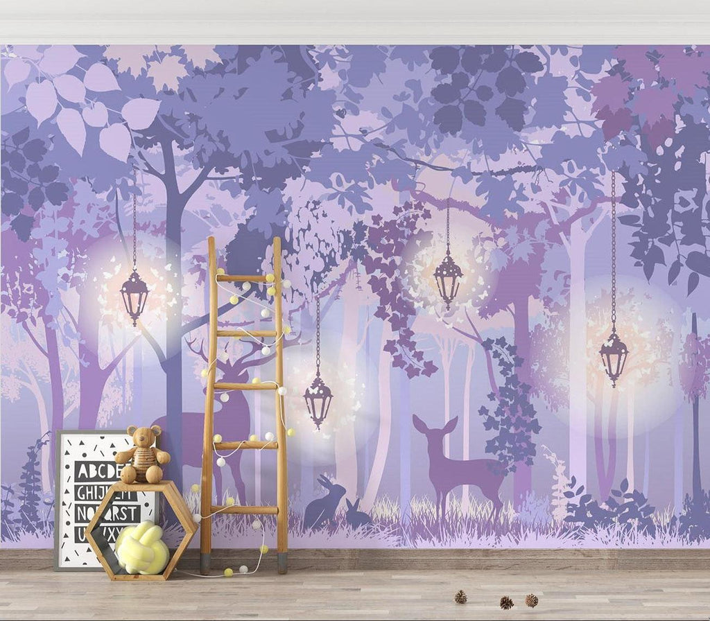 Forest Mural Wallpaper | Enchanted Purple Woodland With Lanterns