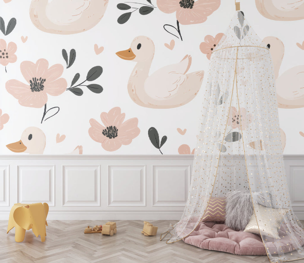 Duck nursery wallpaper creating a cozy atmosphere in a modern baby room with white furniture