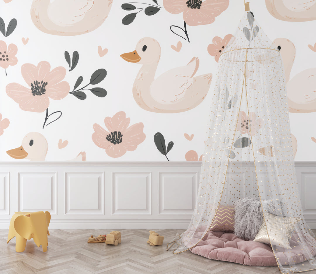 Floral duck wallpaper featured in a nursery reading nook with rocking chair