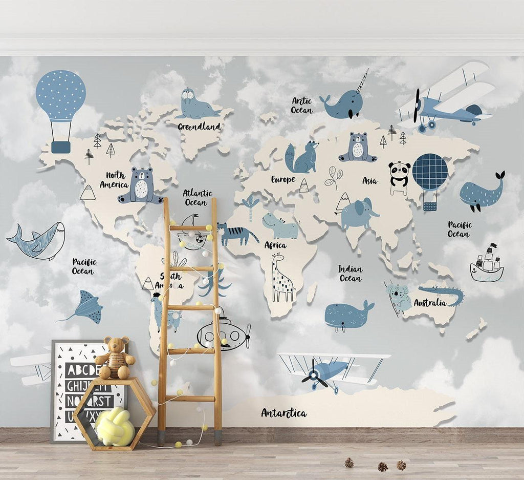 World Map Mural Wallpaper | Kids Adventure With Animals and Hot Air Balloons