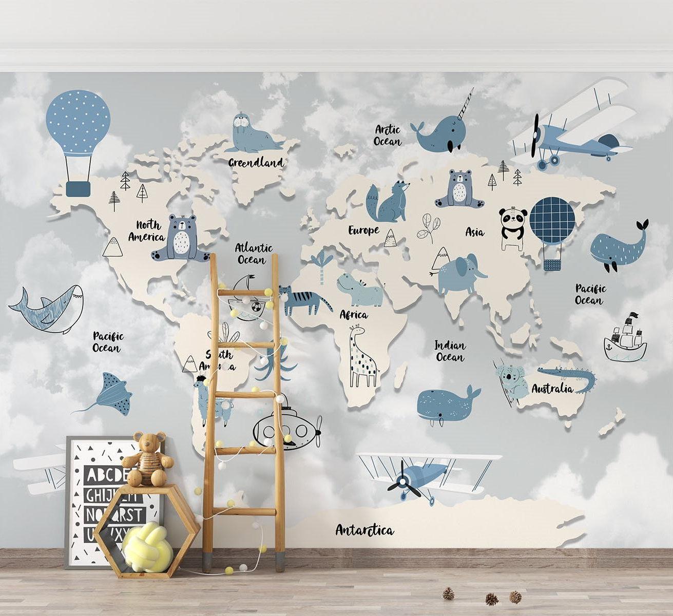 World Map Mural Wallpaper | Kids Adventure With Animals and Hot Air Balloons