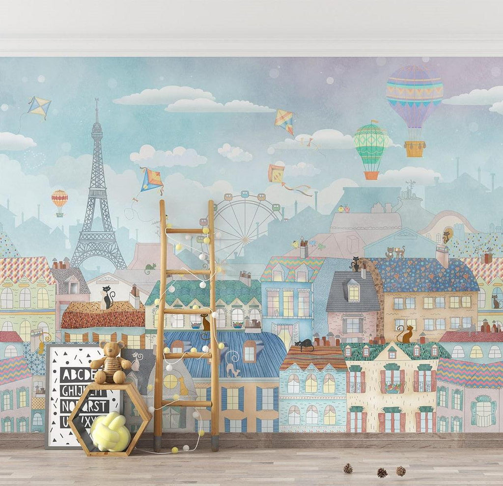 Paris Mural Wallpaper | Whimsical Cityscape With Hot Air Balloons