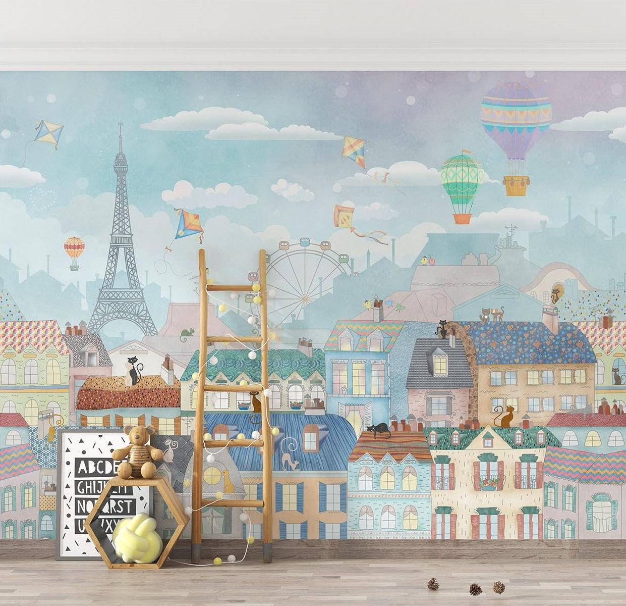 Paris Mural Wallpaper | Whimsical Cityscape With Hot Air Balloons