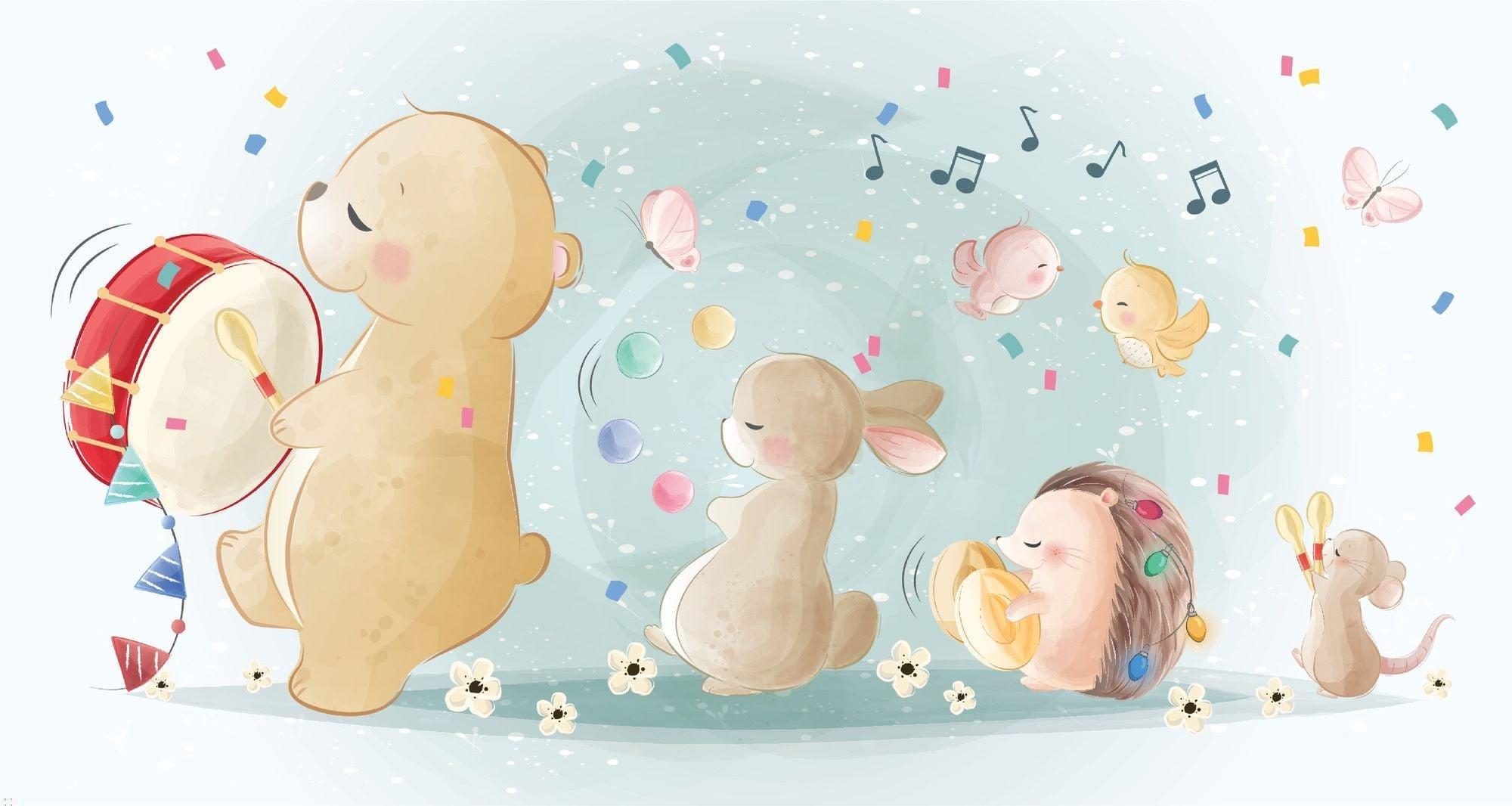 Musical Animals Mural Wallpaper | Playful Nursery Band with Bear and Bunny