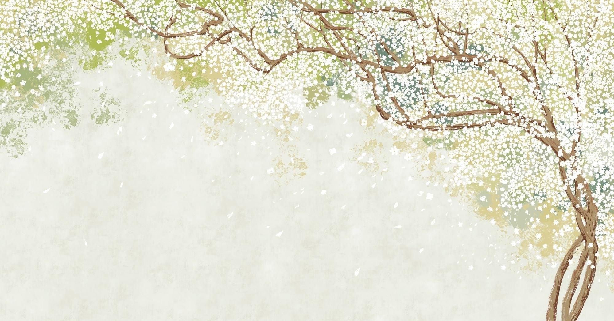 Cherry Blossom Mural Wallpaper | Soft White Watercolor Design