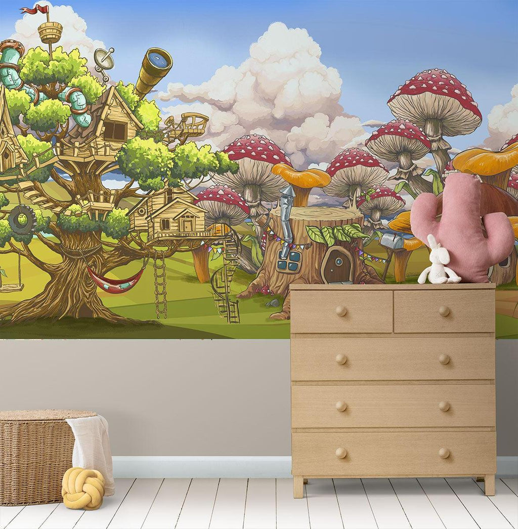 Fantasy Treehouse Mural Wallpaper | Magical Mushroom Forest Adventure
