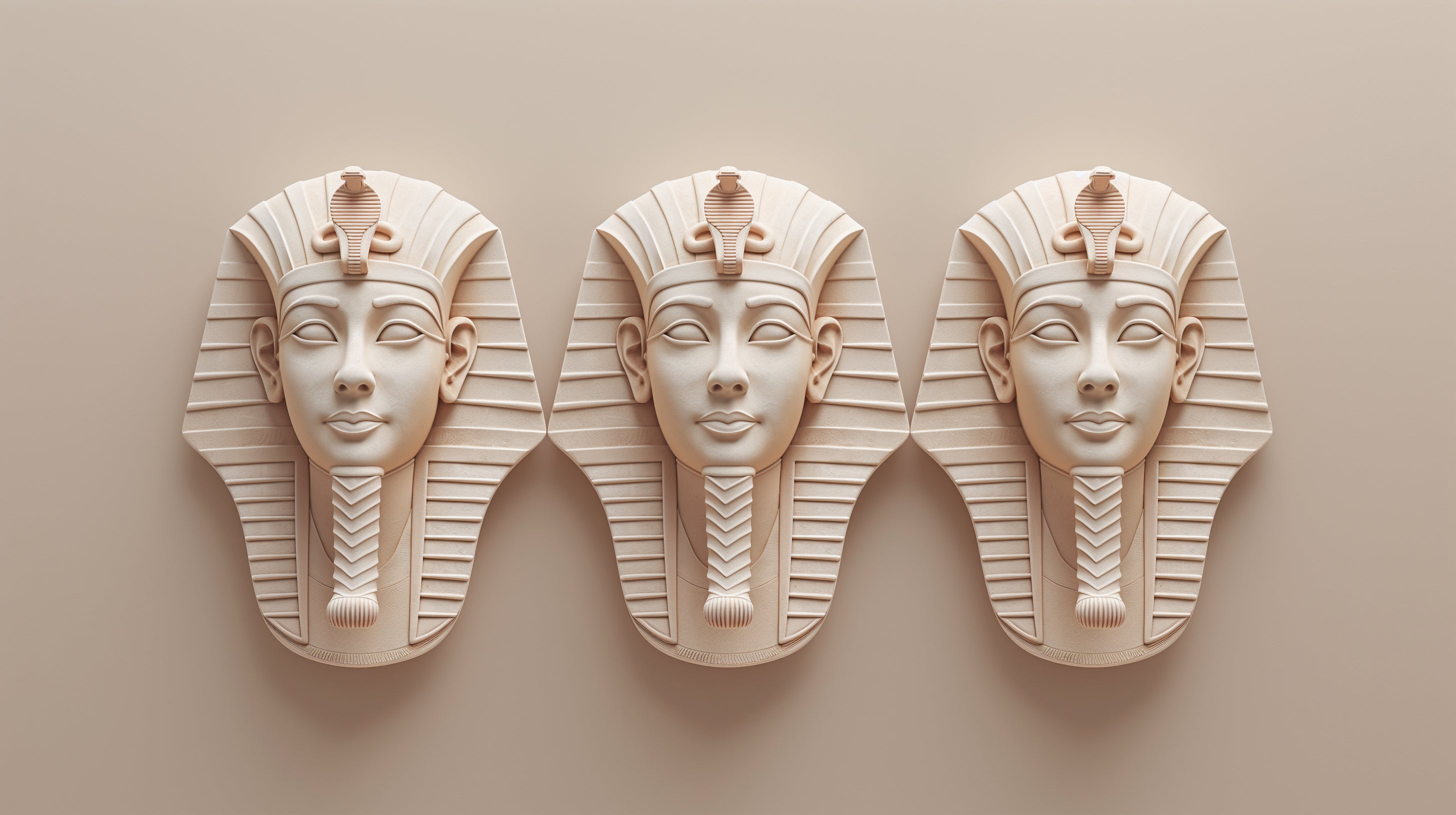 Egyptian wall mural with 3D pharaoh masks creating dramatic impact in a modern living room with neutral furniture