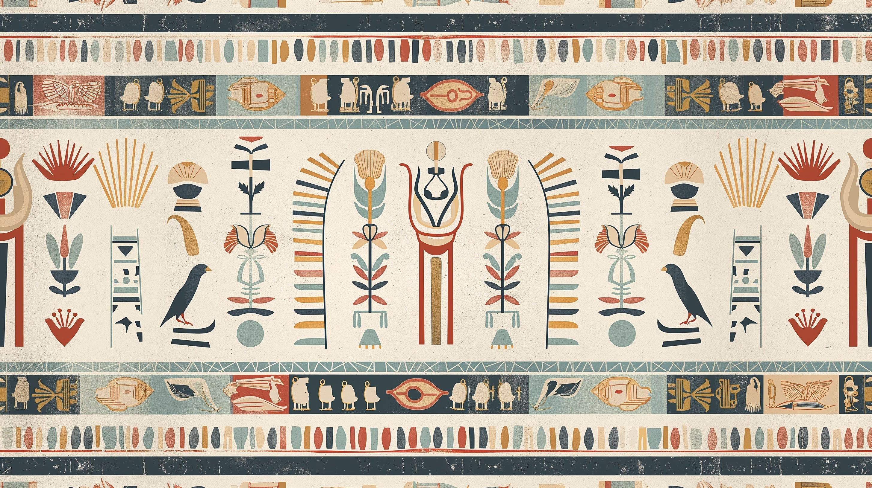 Egyptian hieroglyphics wallpaper creating an elegant atmosphere in a modern living room with neutral furniture