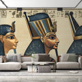 Egyptian pharaoh wall mural displayed in a modern dining room, gold and navy tones creating dramatic atmosphere