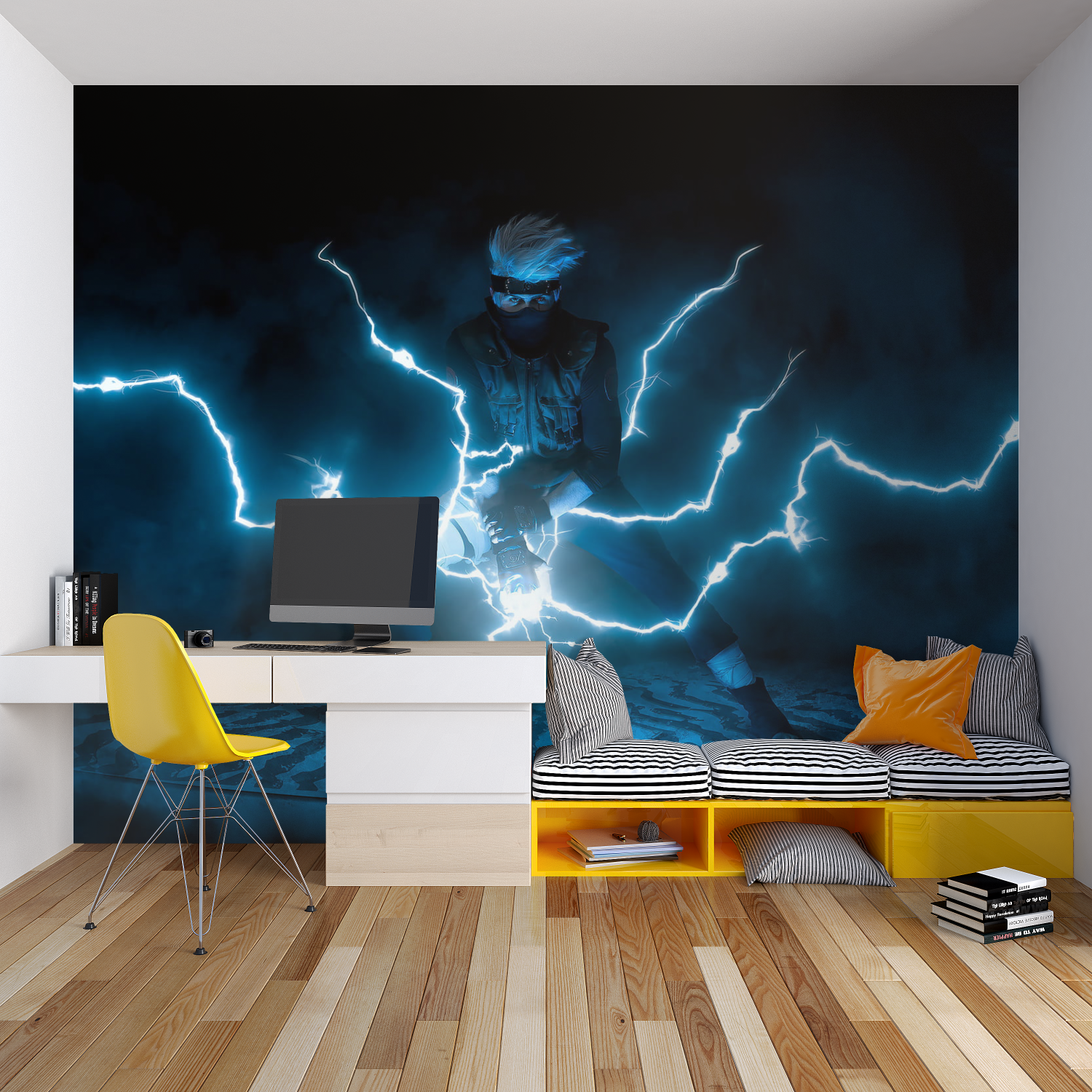 Storm wallpaper bringing energy to home office with dramatic lightning design