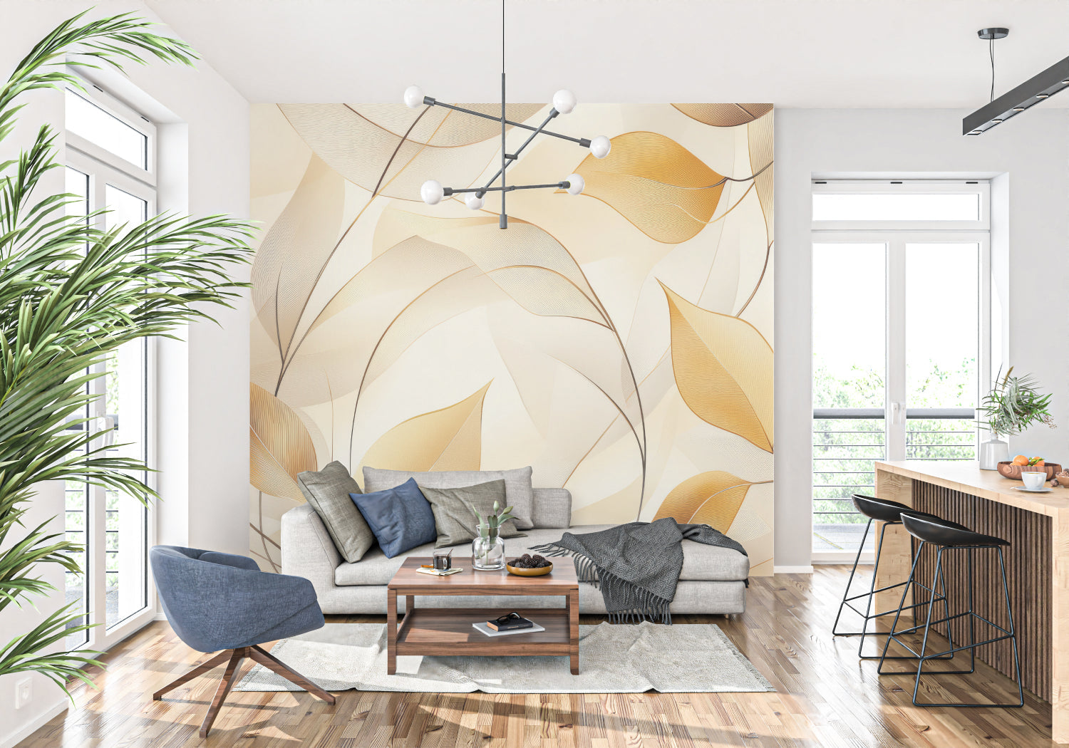 Golden leaf wallpaper creating a warm, inviting atmosphere in a modern living room with natural light