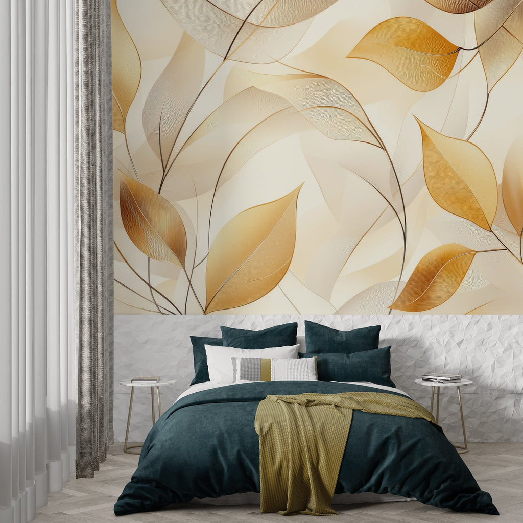 Abstract gold leaf pattern wallpaper in a cozy master bedroom setting