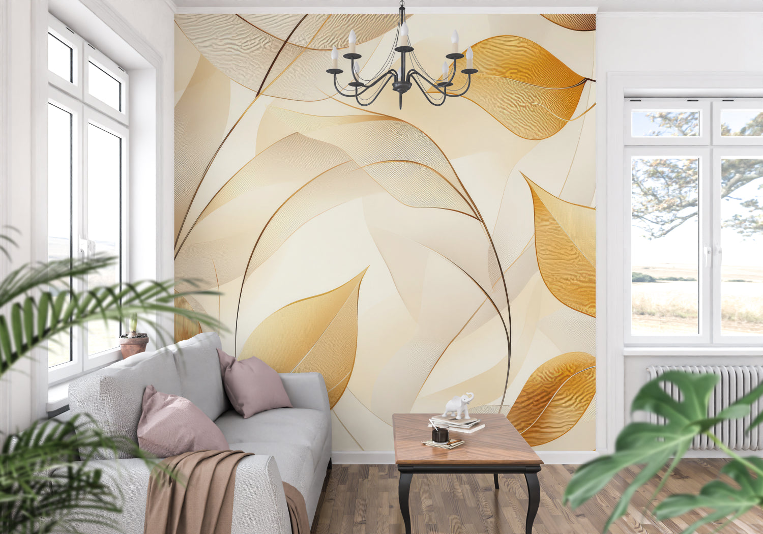 Elegant golden leaf wallpaper adding sophistication to a dining room space