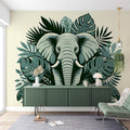 Elephant and monstera leaf wallpaper creating a peaceful atmosphere in a modern living room with natural light
