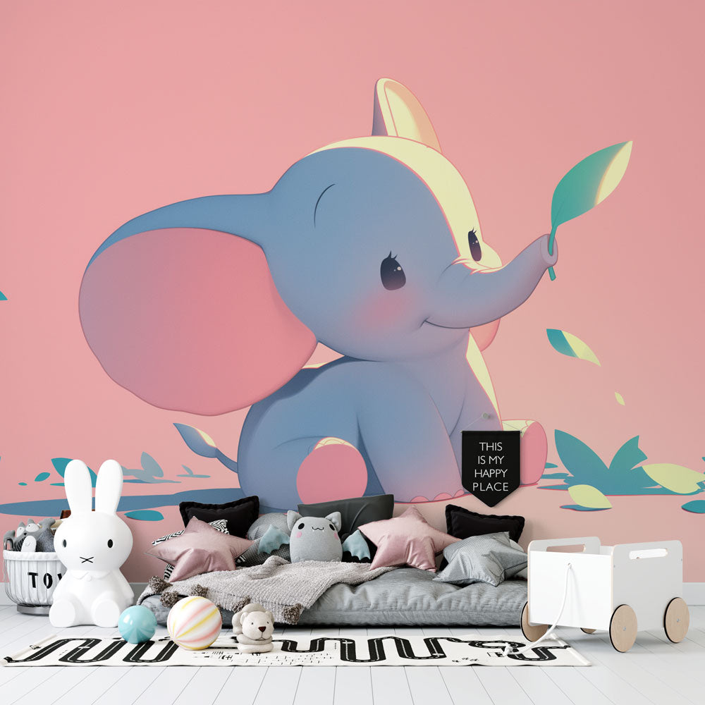 Elephant nursery wallpaper displayed in a modern baby room with white furniture and soft pink accents
