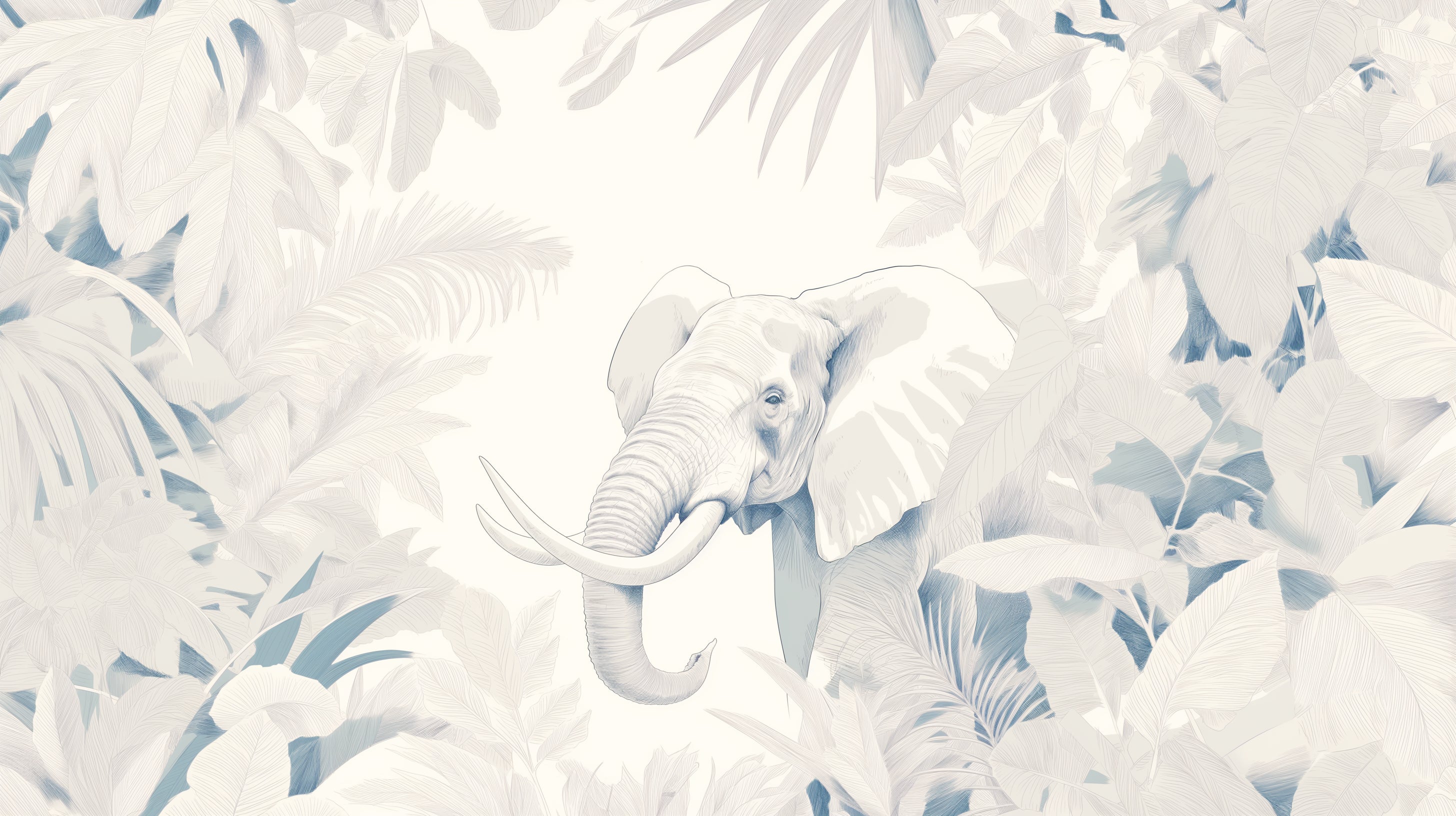 White Elephant Tropical Wallpaper creating a peaceful sanctuary in a modern living room with white furniture and natural light