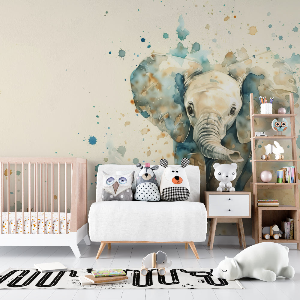 Safari elephant wallpaper bringing gentle color to a baby's reading nook with rocking chair