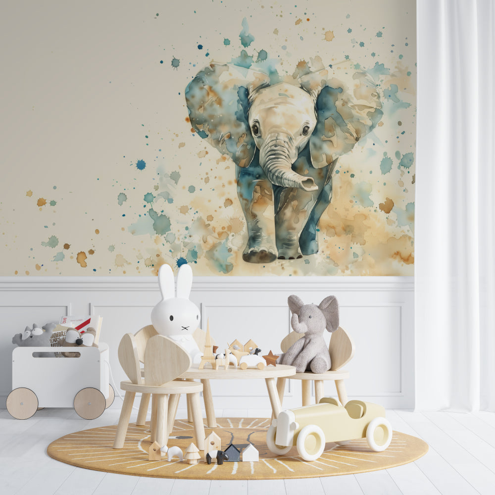 Baby elephant wall mural in a gender-neutral nursery with minimalist decor