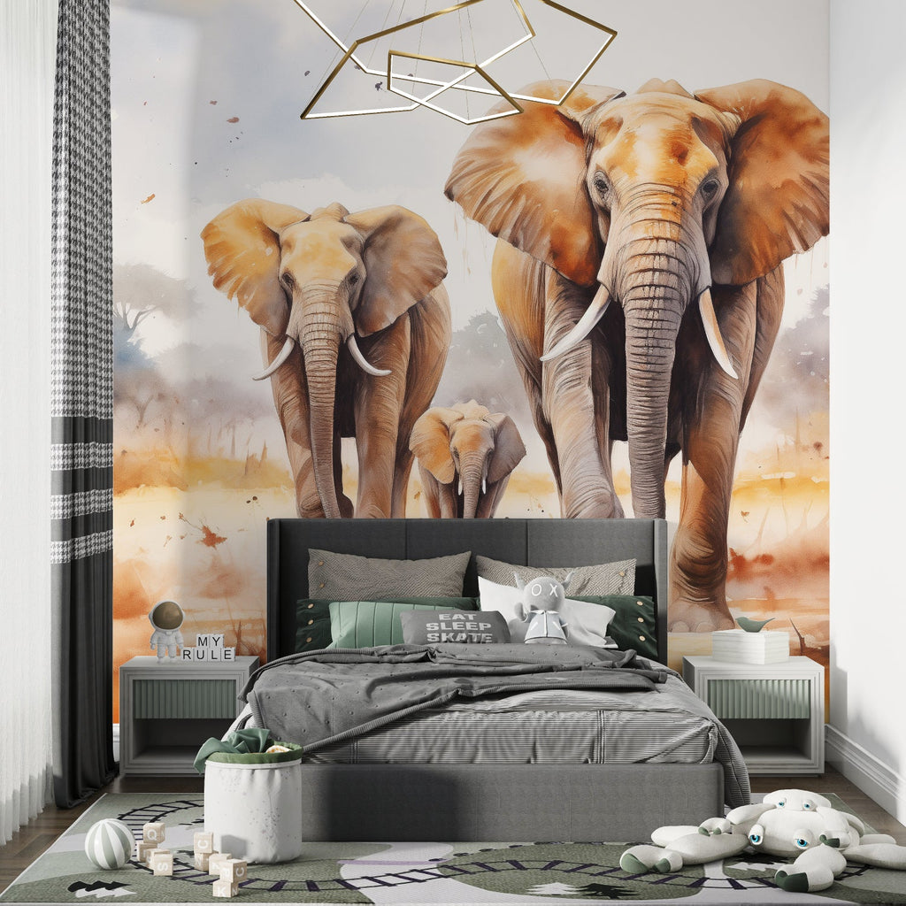 Watercolor elephant family mural installed in nursery with natural lighting