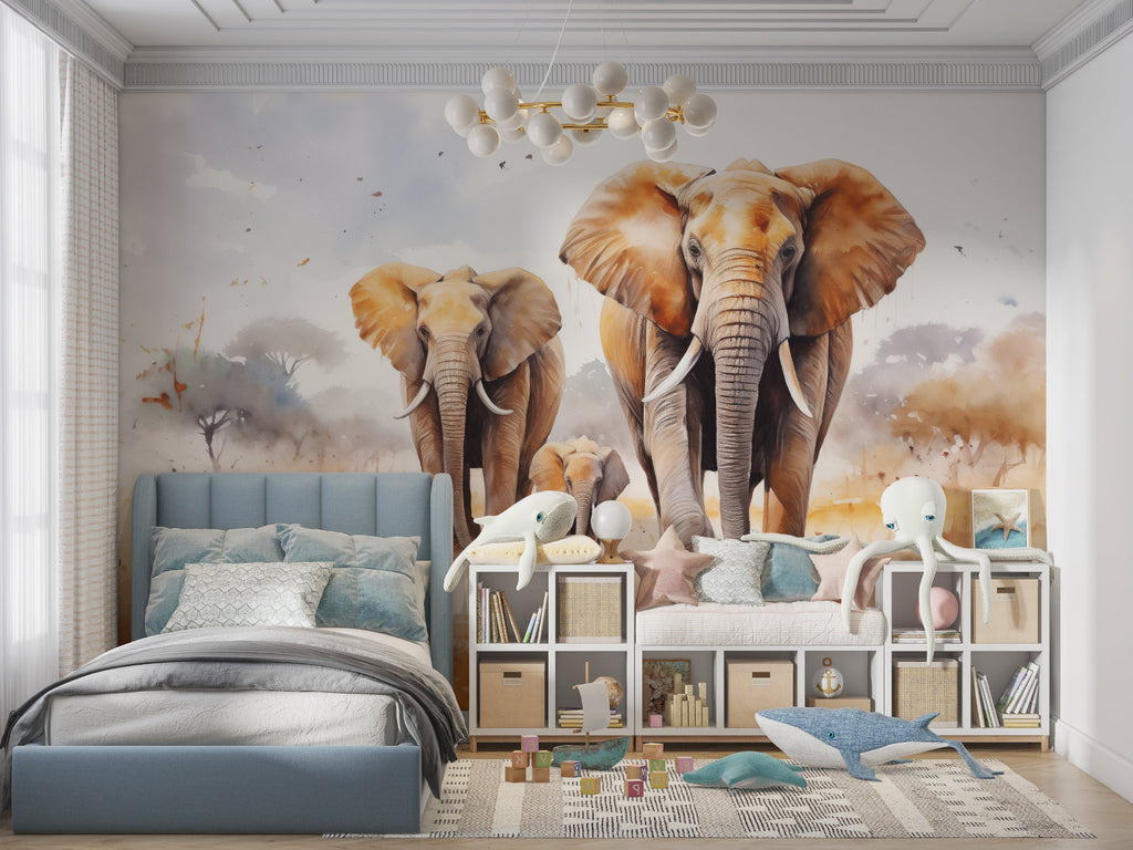 Elephant family mural wallpaper showcased in children's playroom