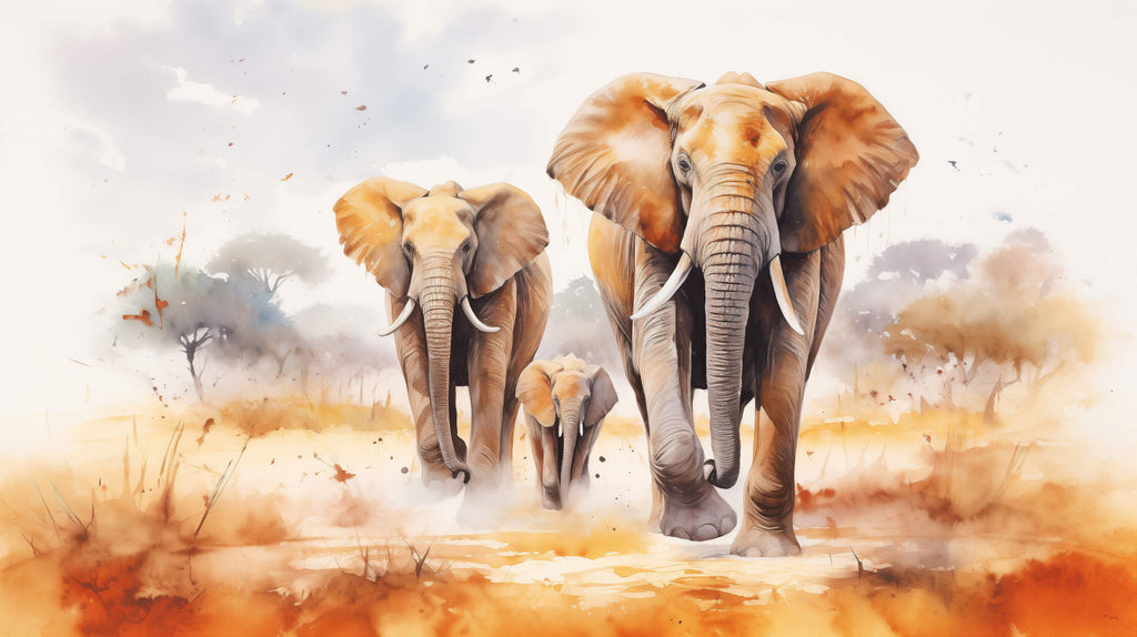 Design file of watercolor elephant family walking through golden savanna
