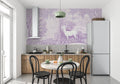 Purple castle forest wallpaper in cozy nursery with white furniture showing magical atmosphere