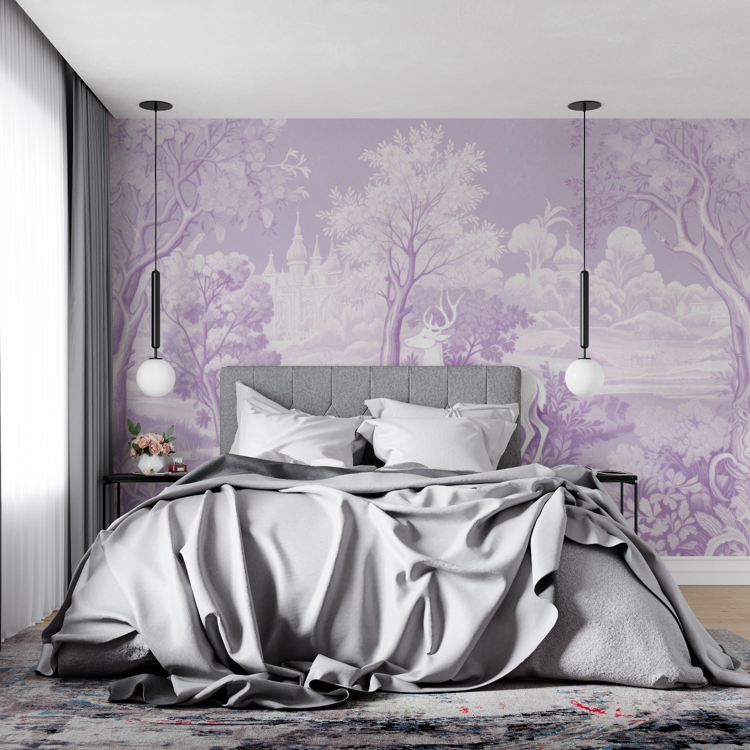 Purple deer wallpaper creating dreamy atmosphere in master bedroom