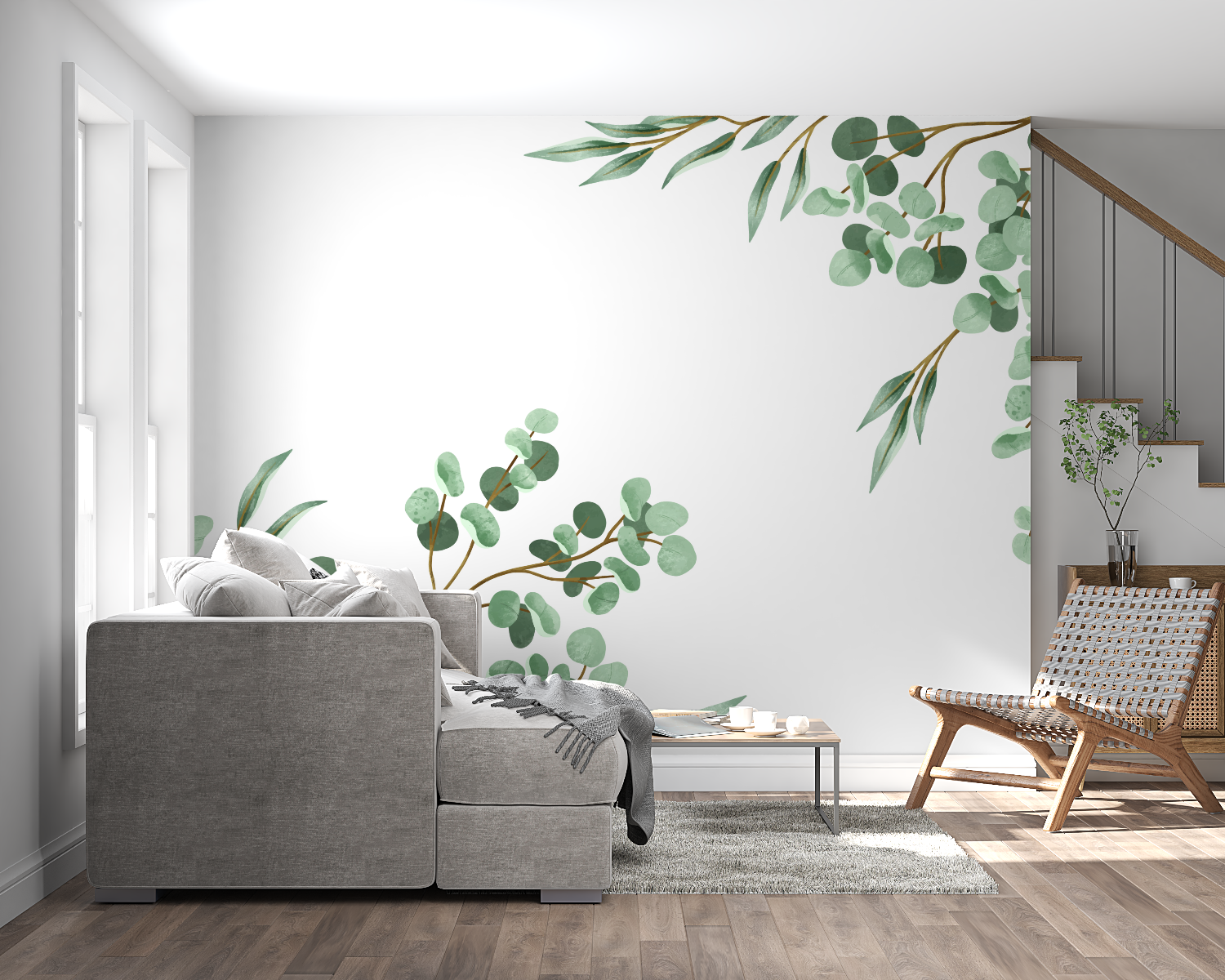 Modern bedroom with eucalyptus leaf wallpaper creating a calm, natural atmosphere
