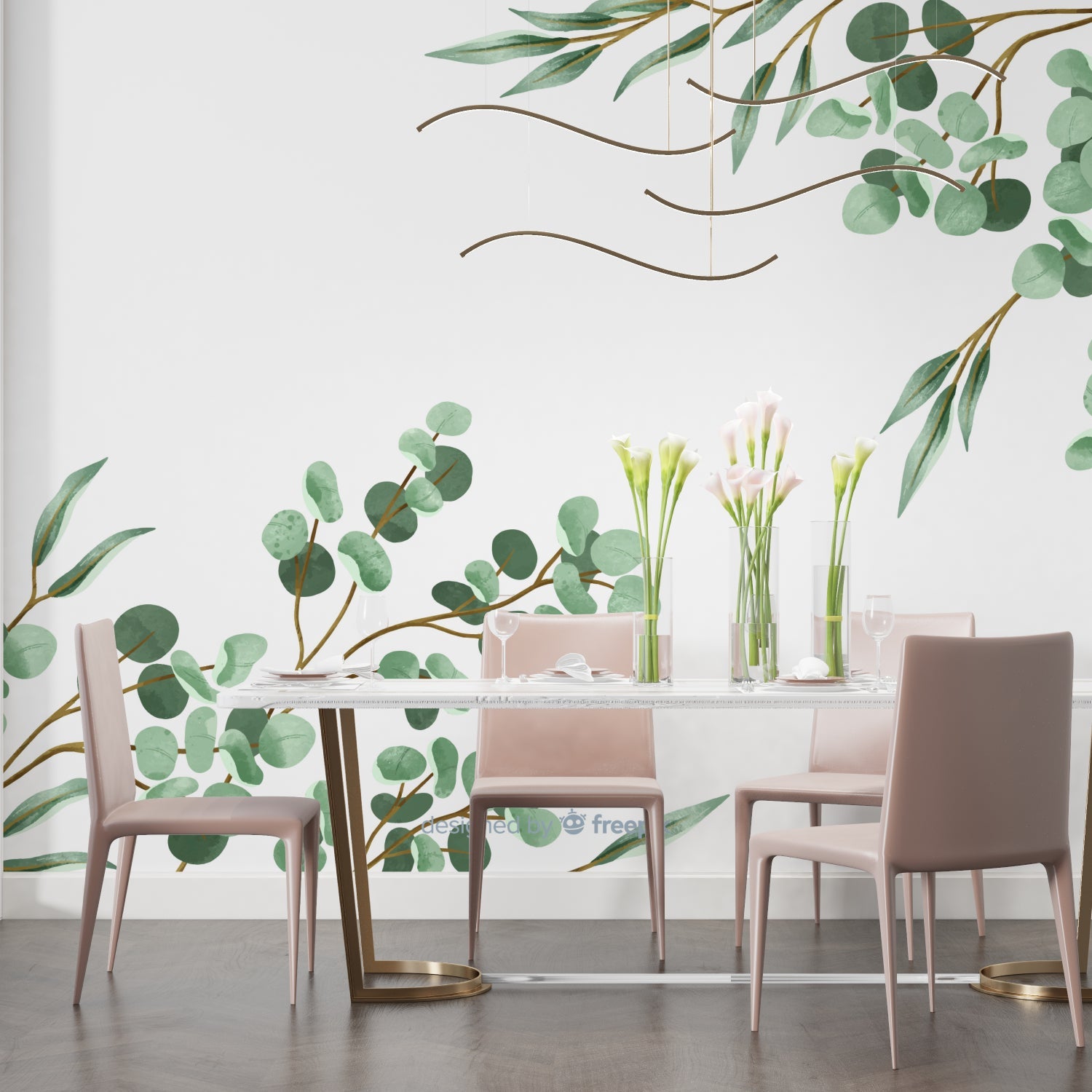 Bathroom space transformed with green eucalyptus leaf wallpaper design
