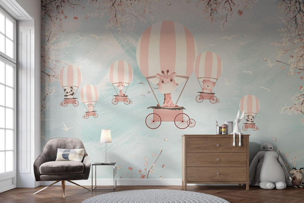 Hot Air Balloon Mural Wallpaper | Safari Animals Adventure with Cherry Blossoms