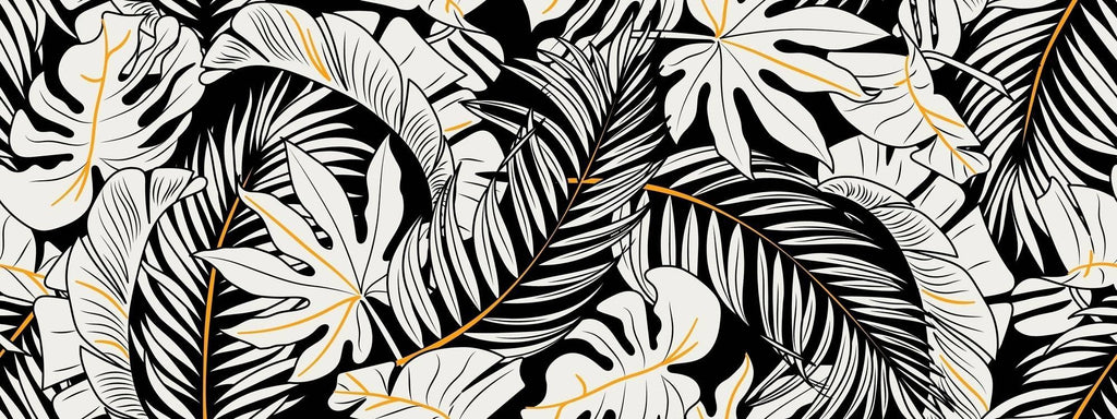 Tropical Mural Wallpaper | Black and White Monstera with Gold Accents
