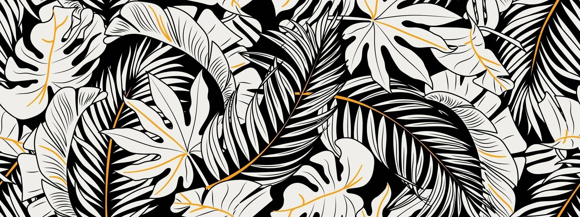 Tropical Mural Wallpaper | Black and White Monstera with Gold Accents